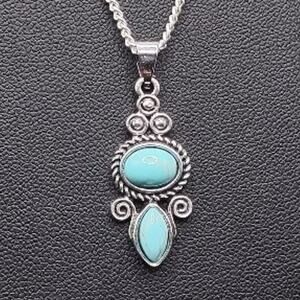 925 Silver Necklace W/ Turquoise Oval boho Teardrop Vine Woman's Birthday Gift